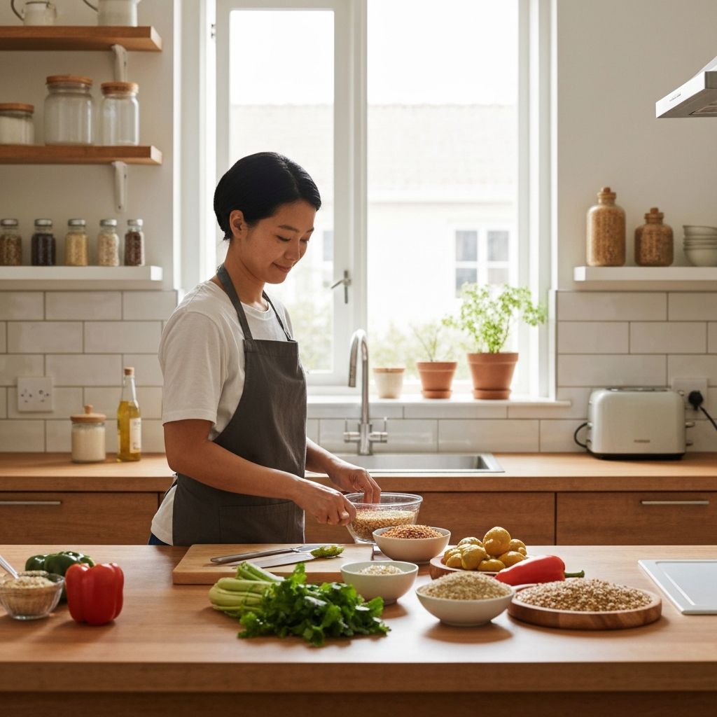 Person preparing a healthy meal in a bright kitchen
